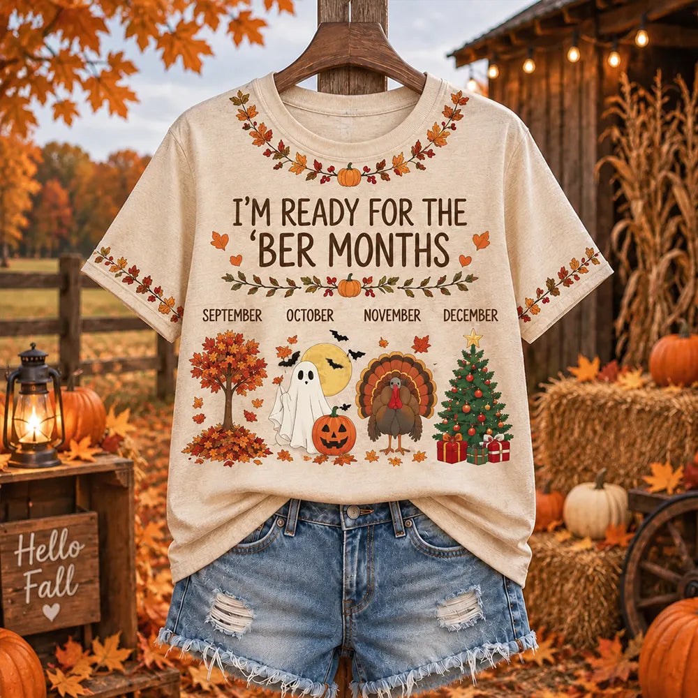 Women's "i'm Ready For The 'ber Months" Seasonal Foliage Ghost Turkey And Christmas Tree Graphic T-shirt