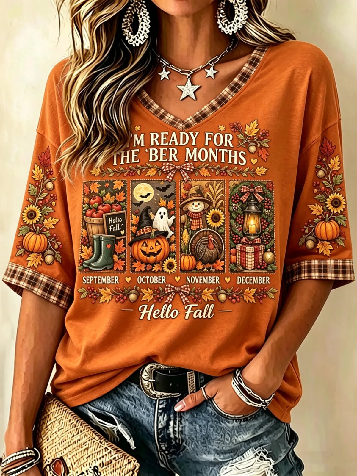 Women's Retro Vacation Autumn Plaid V-neck Short Sleeve T-shirt