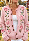 Women's Retro Rose Floral And Birds Pattern Art Casual Knit Cardigan