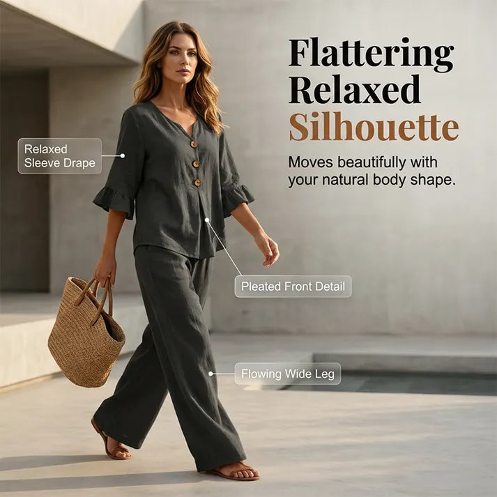 👚👖 Women's Set with Ruffled Top and Wide-Leg Trousers – Elegant & Comfortable ✨