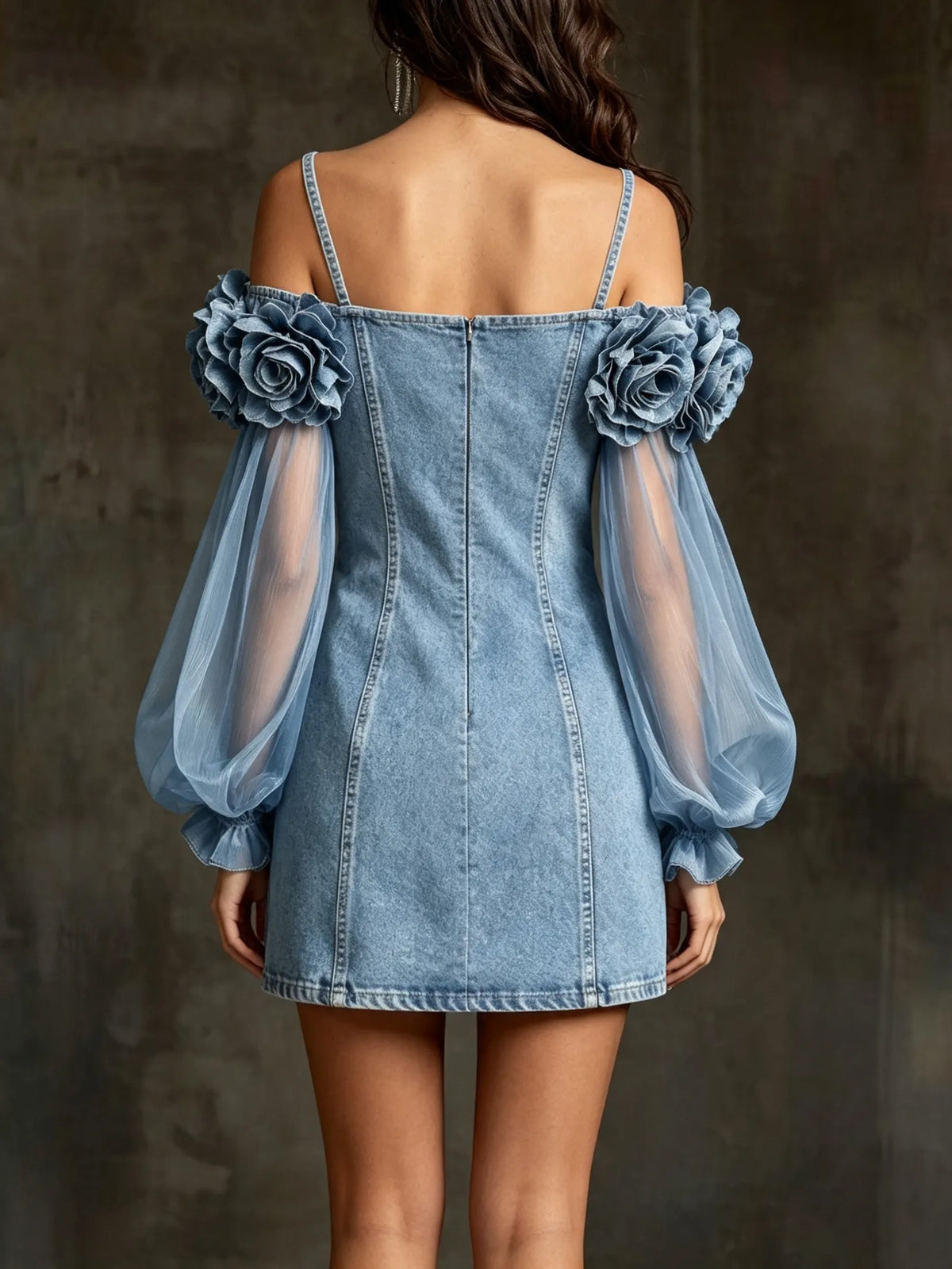 Romantic Three-dimensional Floral Denim Mini Dress