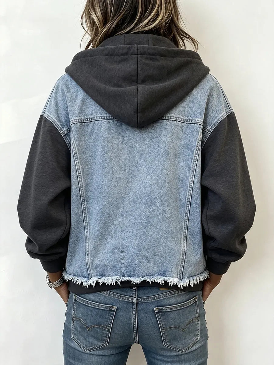 Edgy Denim Spliced Zip-Up Hoodie Jacket
