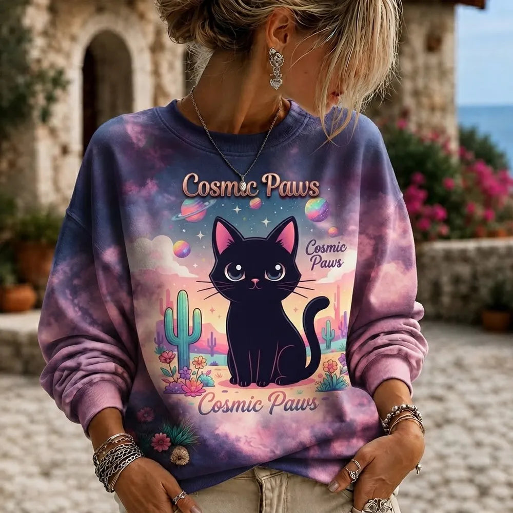 Women's Casual Tie-dye Crewneck Sweatshirt In Purple And Pink With Cosmic Black Cat, Planets, And Cactus Print