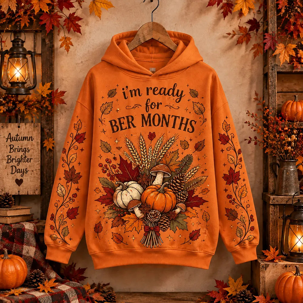 Women's  Autumn "ber Months" Orange Hoodie With Pumpkin, Mushroom & Maple Leaves Pattern