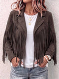 Women's Solid Color Lapel Long-sleeved Casual Loose Tassel Jacket