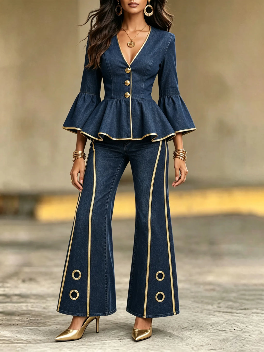 Elegant Chic Ruffled Denim Top With Gold Trim