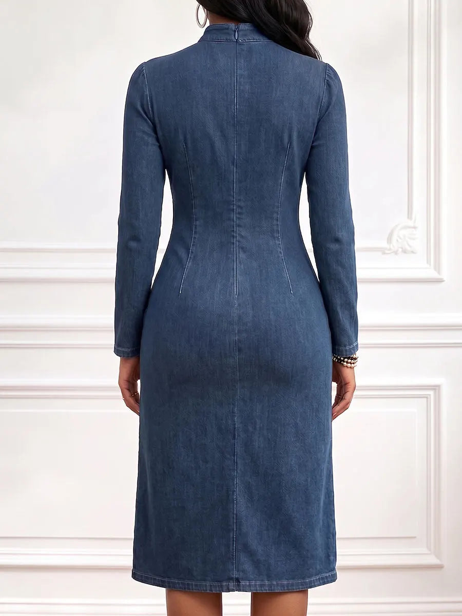 Women's Stand Collar Long Sleeve Casual Loose Slit Denim Dress