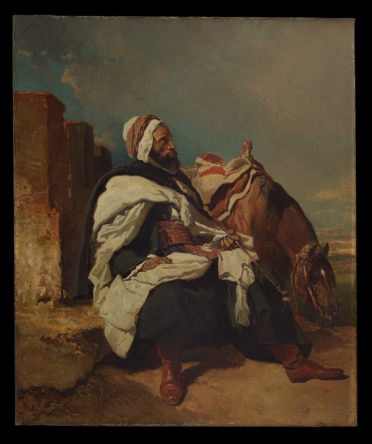 Seated Arab Man with Horse by Alfred Dedreux - Oil Painting canvas print