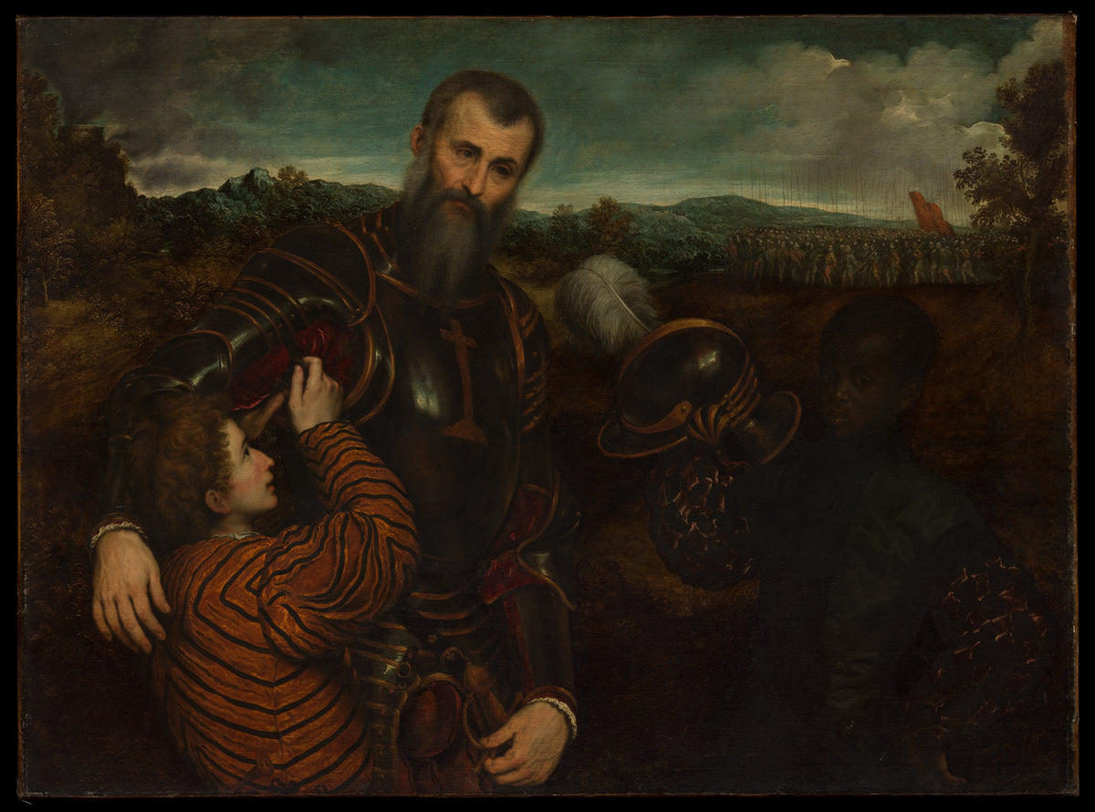 Portrait of a Man in Armor with Two Pages by Paris Bordon - Oil Painting canvas print