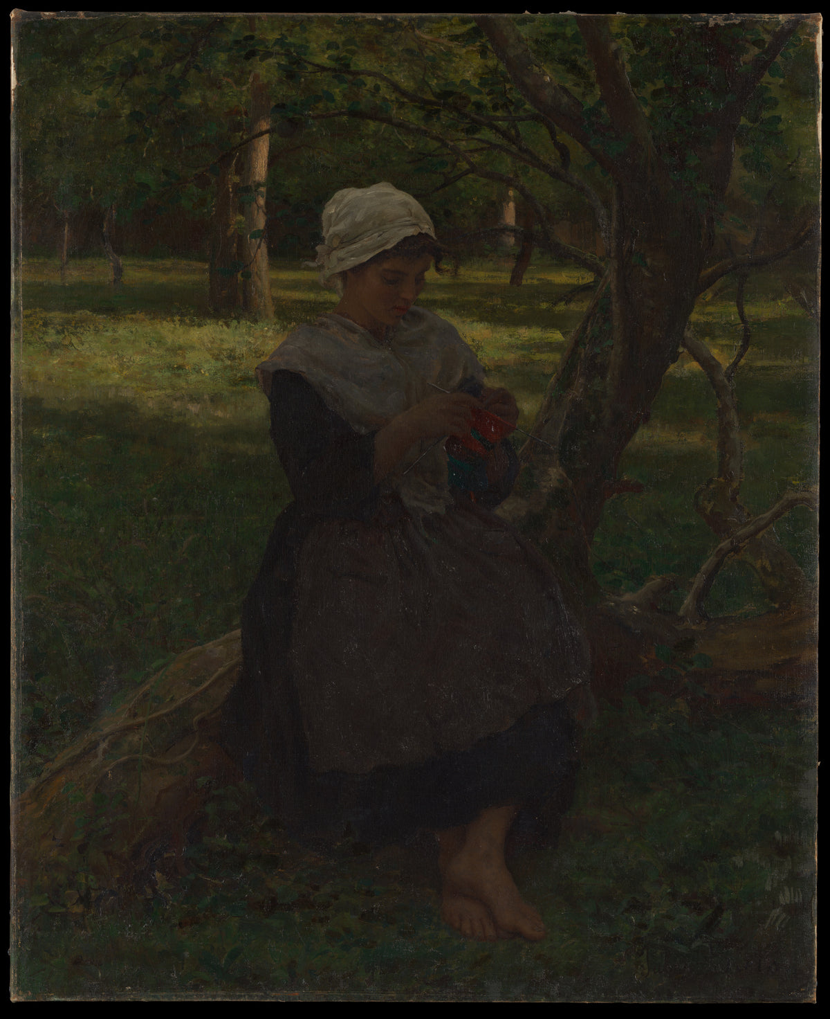 A Peasant Girl Knitting by Jules Breton - Oil Painting canvas print