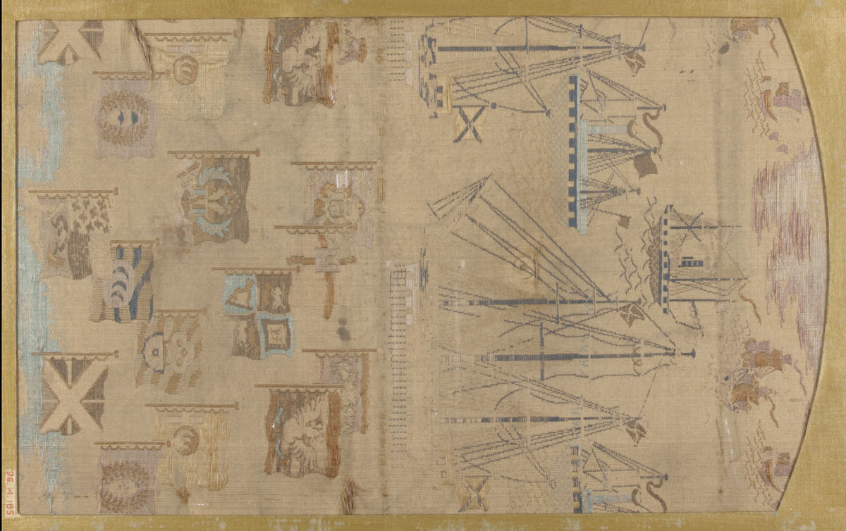 Textile fragment with pattern of ships and flags by  - Classic Art canvas print