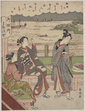 A Man and Two Women at a Teahouse at Wada no Ura Overlooking the Sea by Suzuki Harunobu - Ukiyo-e canvas print