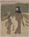 Lady with Black Hood and Umbrella Out Walking with Young Attendant by Suzuki Harunobu - Ukiyo-e canvas print