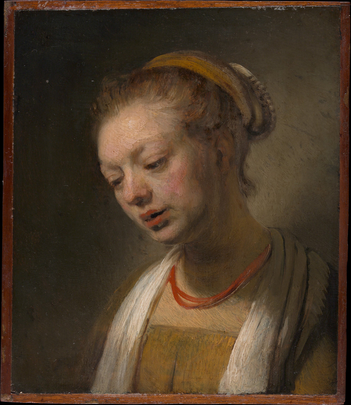 Young Woman with a Red Necklace by Rembrandt - Baroque canvas print