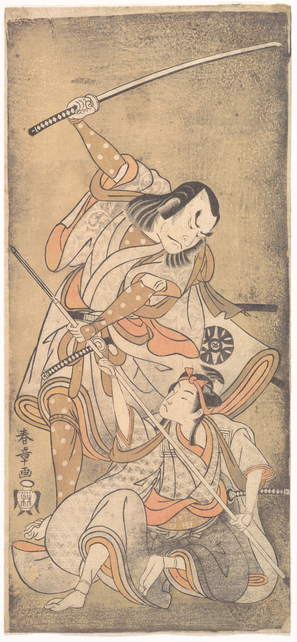 The Actor Nakamura Nakazo with a Sword, Fighting the Actor Ichikawa Raizo II who is Armed with a Lance by Katsukawa Shunshō　勝川春章 - Ukiyo-e canvas print