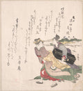Geisha Girl Hurrying with a Maid Servant Who is Carrying a Shamisen Box by Teisai Hokuba - Ukiyo-e canvas print