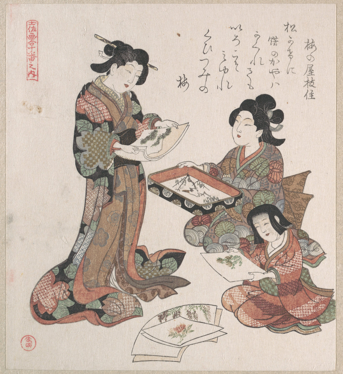 Two Women and a Girl Looking at Paintings by Kubo Shunman - Ukiyo-e canvas print