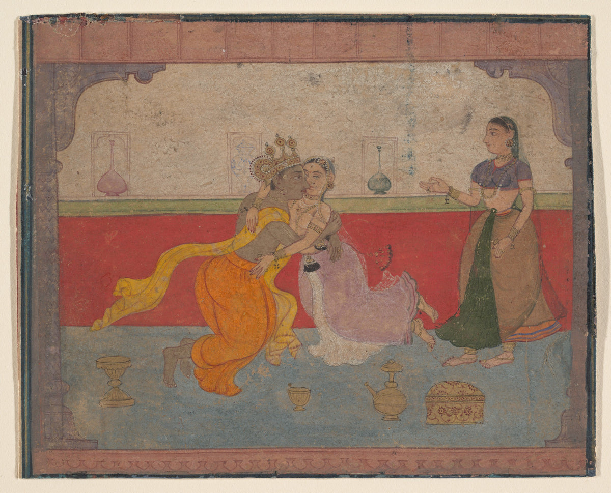 Krishna Kisses Radha Page from the Boston Rasikapriya Lover's Breviary by  - Watercolor canvas print