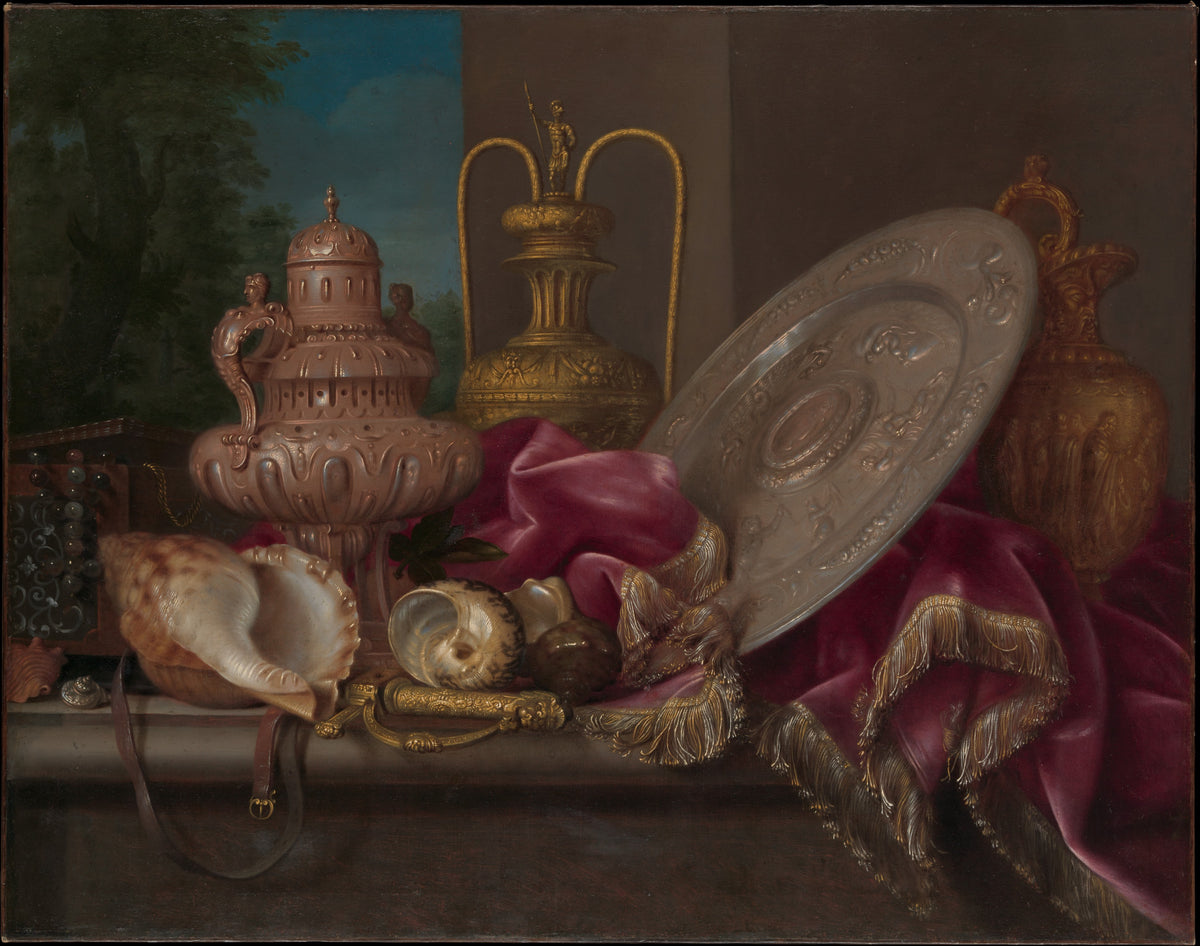 Still Life with Silver and Gold Plate, Shells, and a Sword by Meiffren Conte - Oil Painting canvas print
