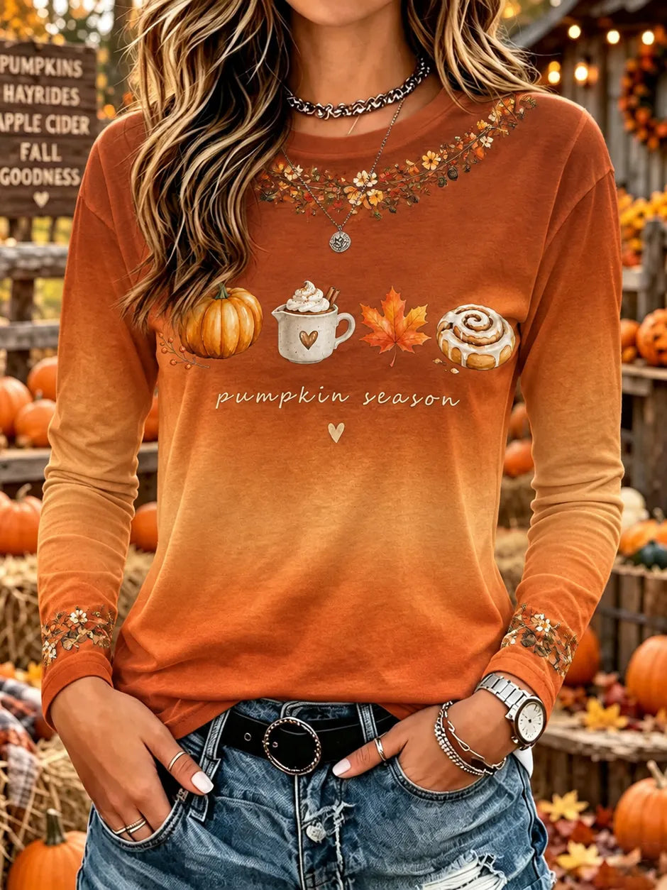 Women's Vintage Halloween Fall Heart In Skeleton Print Crew Neck Long Sleeve T-shirt