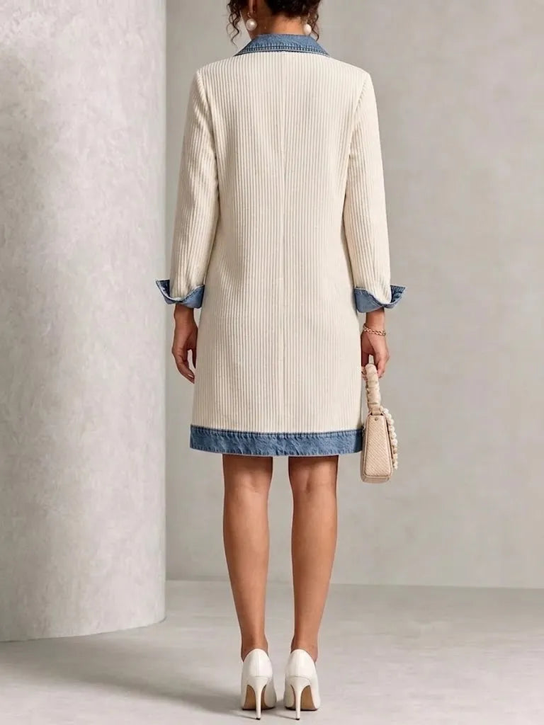 Denim-paneled Ribbed Knit Dress