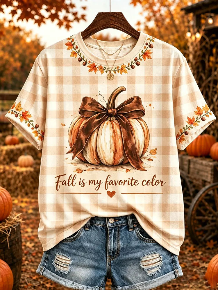 Fall Is My Favorite Color Pumpkin Print Plaid Short-sleeve Top