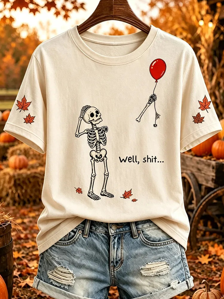 Women's Vintage Halloween Fall  Skeleton Red Balloon Print Crew Neck Short Sleeve T-shirt