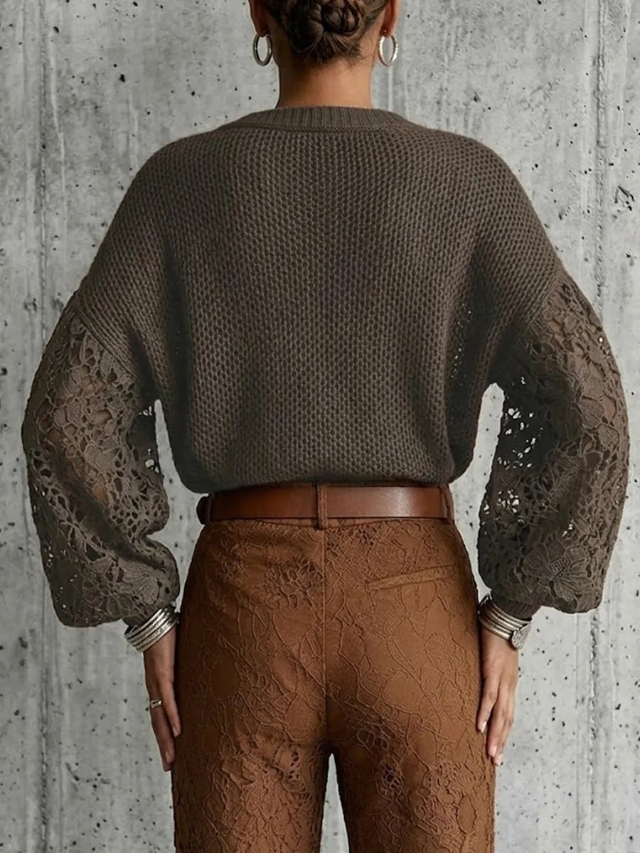 Lace Cut-out Lantern Sleeve V-neck Knit Pullover