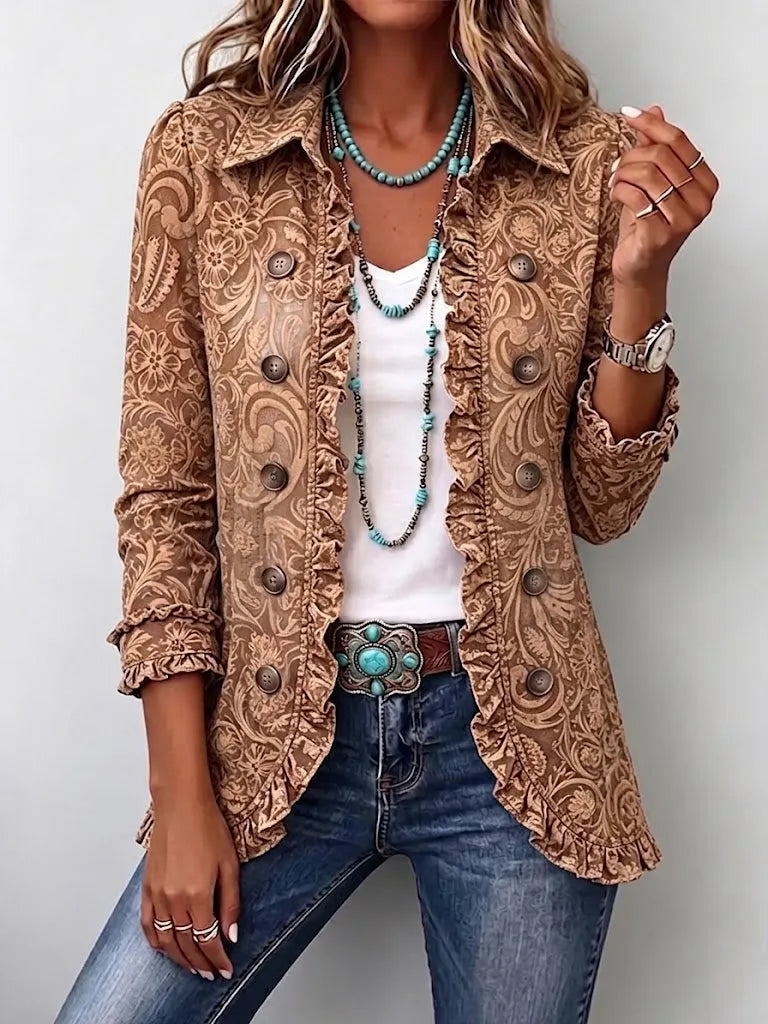 Vintage-style Bohemian Floral Print Ruffled Linen-cotton Jacket