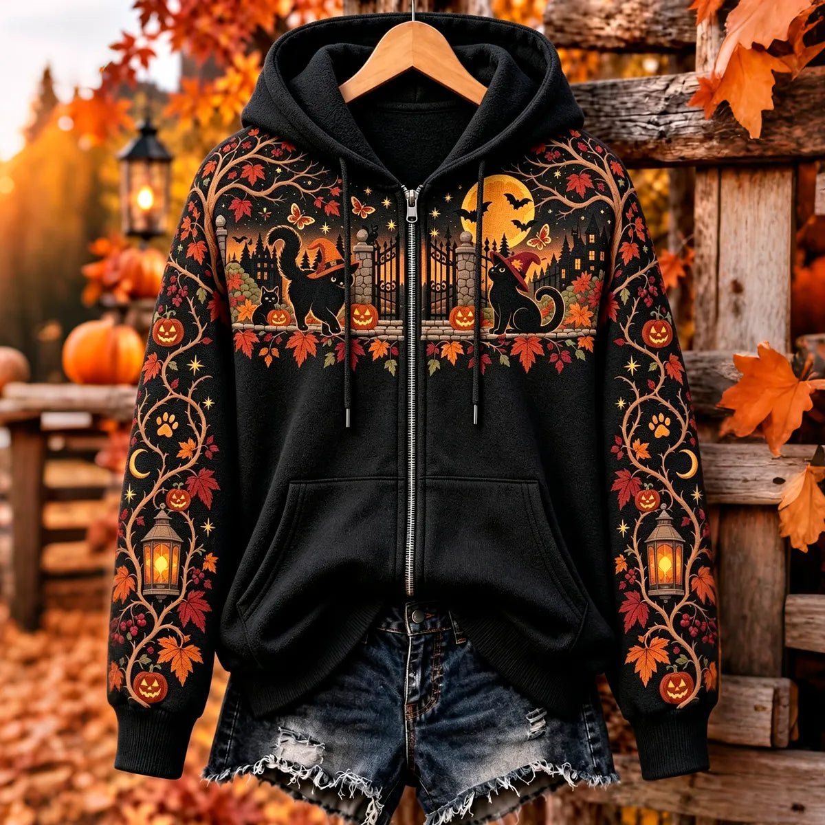 Women's Vintage Halloween Black Cat And Pumpkin Art Print Zipper Hoodie
