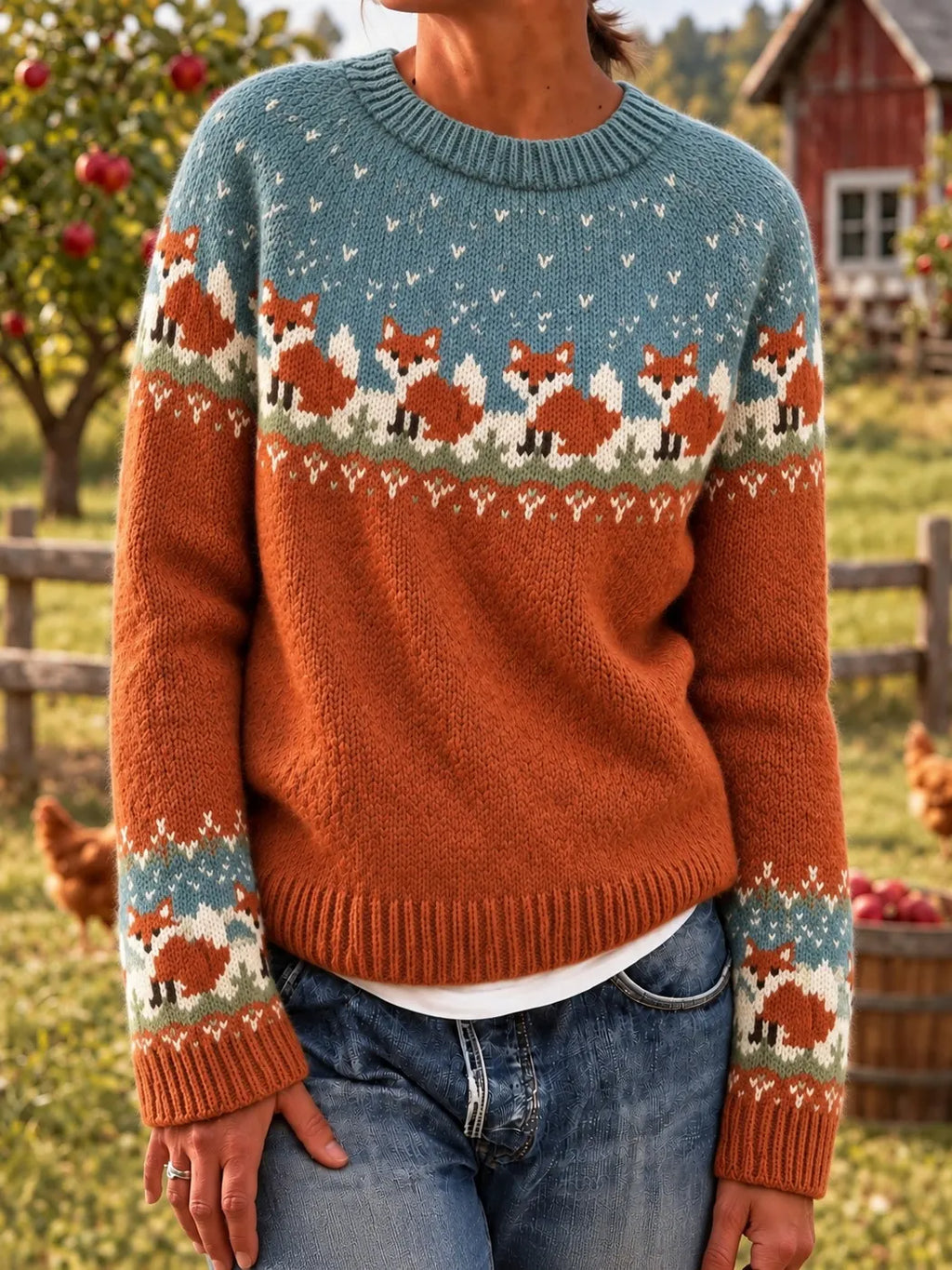 Women's Vintage Farm Fox Pattern Cozy Knit Sweater