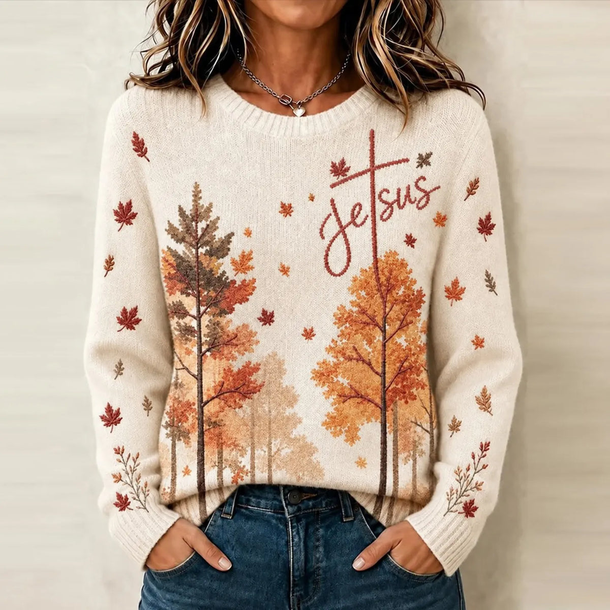 Women's Autumn Landscape Jesus Cross Art Print Knit Sweatshirt