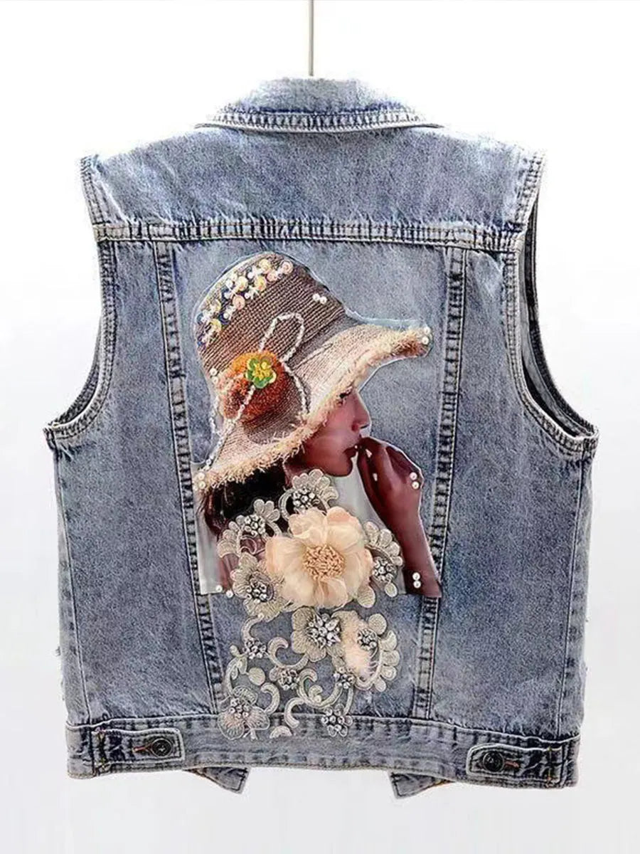Romantic 3D Floral Embellished Denim Vest