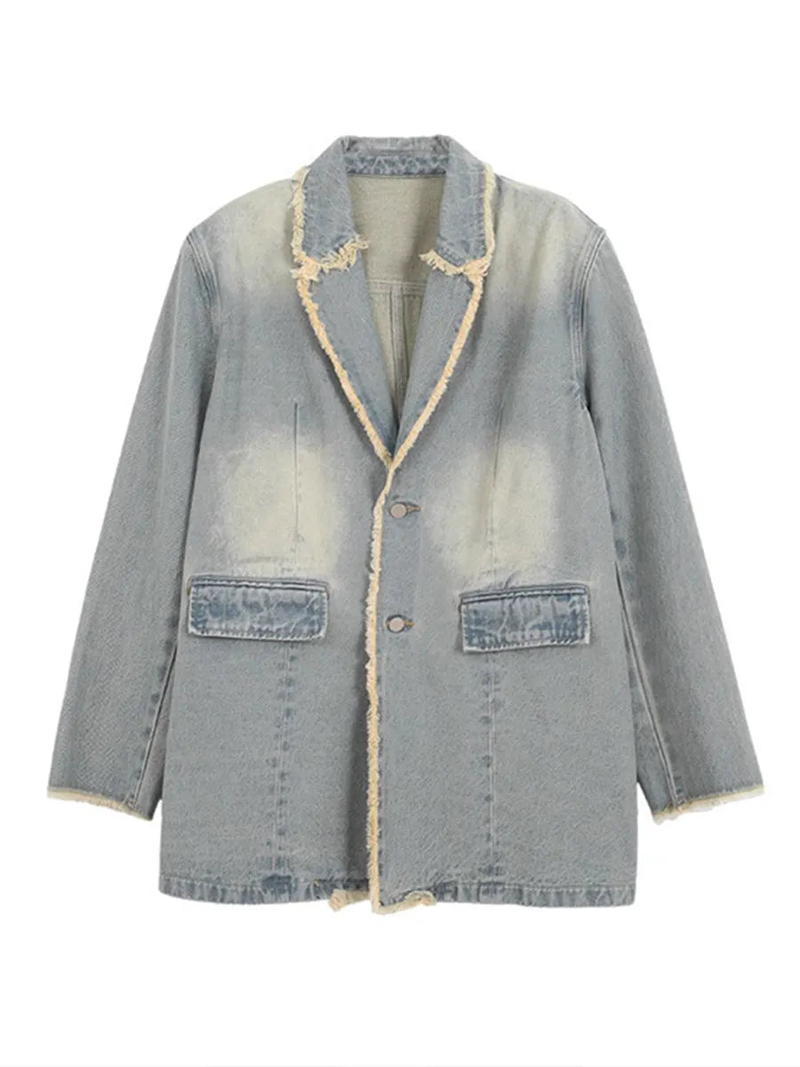 Vintage-style Casual Oversize Denim Jacket With Raw Edges