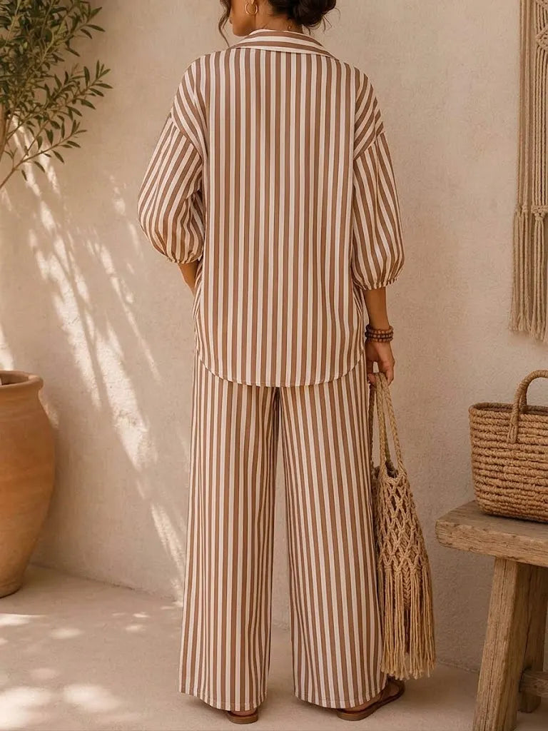 Hot sale🔥Women's Striped Print Cotton-linen Set: Loose-fit Top With Lapel & 3/4 Sleeves, And High-waisted Wide-leg Pants