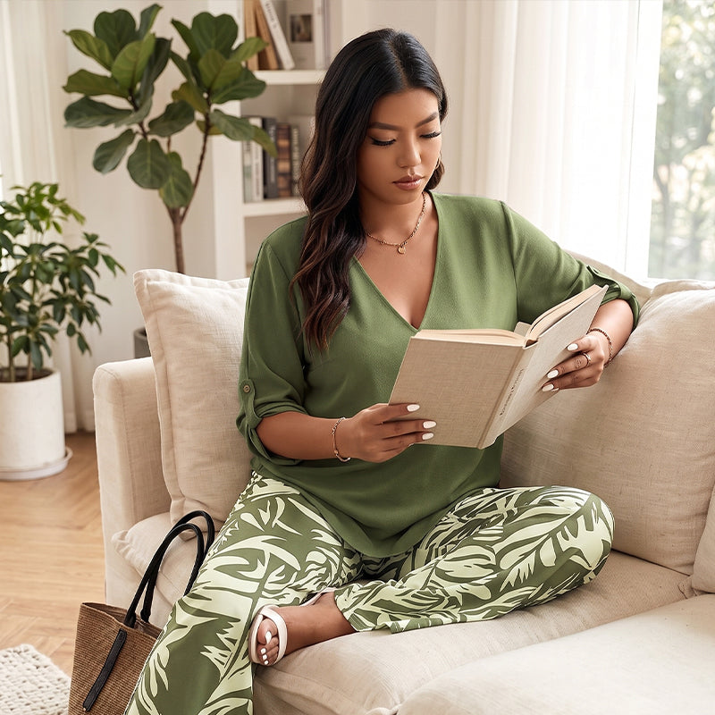 🔥LAST DAY 49% OFF - Women's V-Neck Blouse & Printed Wide-Leg Pants Set