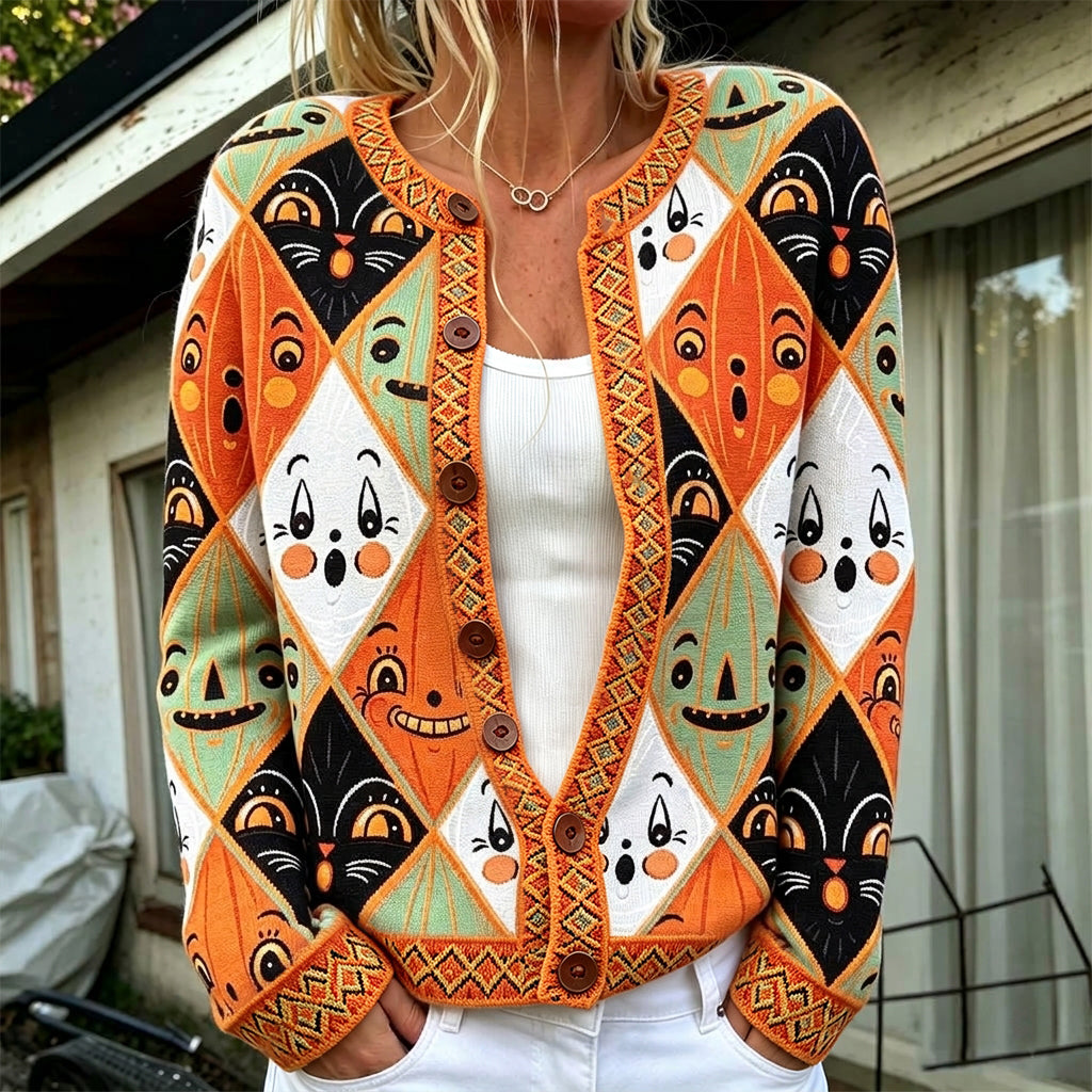 Women's Vintage Halloween Cat & Smiley Face Jacquard Knit Warm Cardigan