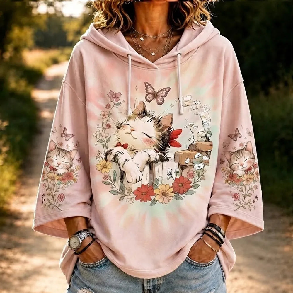 Women's Casual Tie-dye Pullover Hoodie In Pink With Sleeping Kitten, Floral Wreath, And Butterfly Print