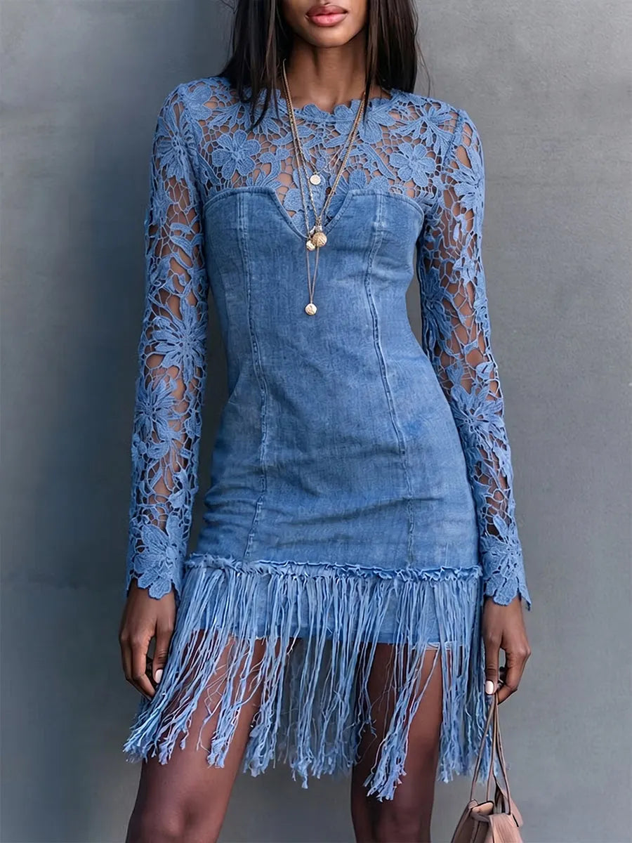 Elegant Denim Dress With Lace And Tassel Paneling
