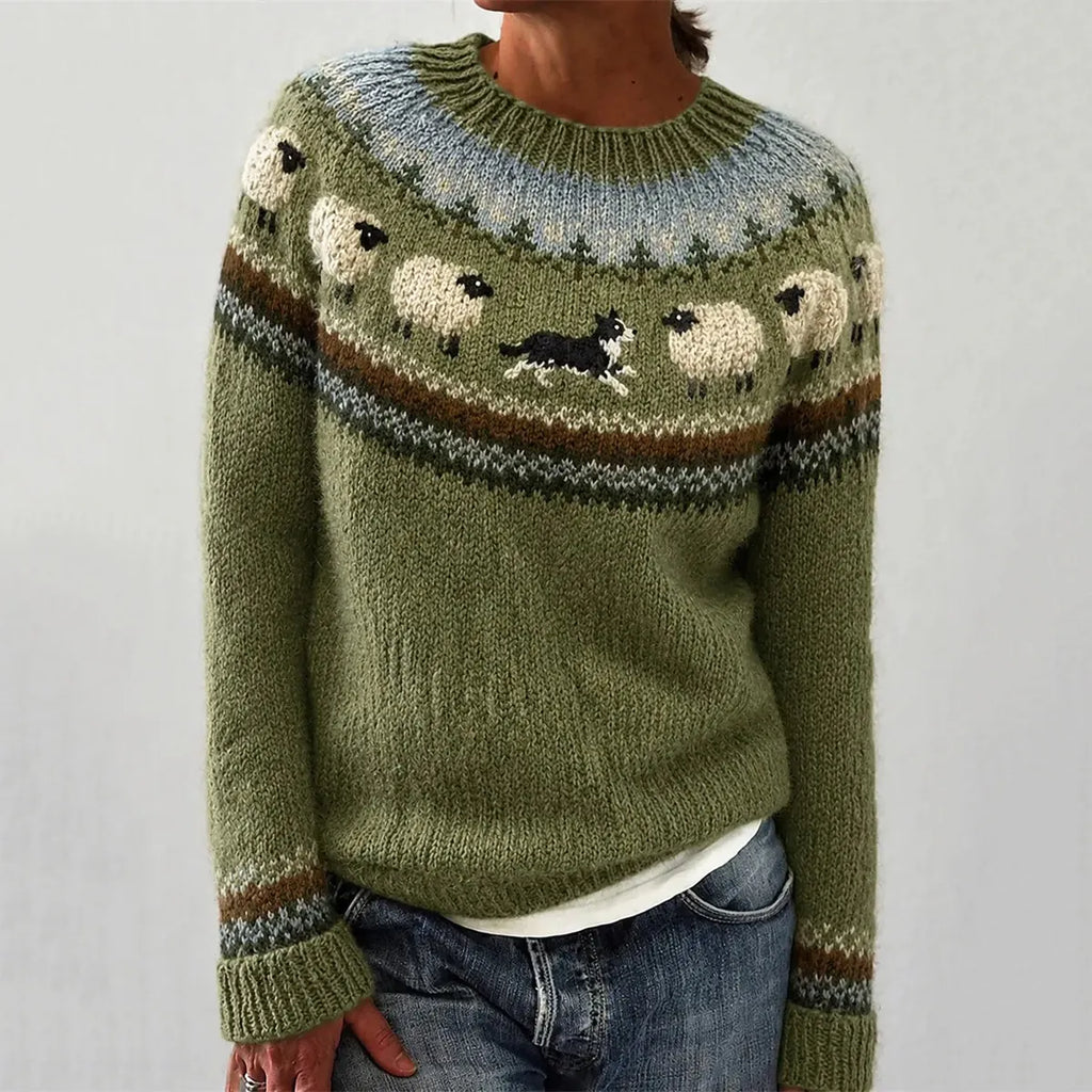 Women's Retro Farm Border Collie Sheep Patterns Cozy Fair Isle Style Knit Sweater