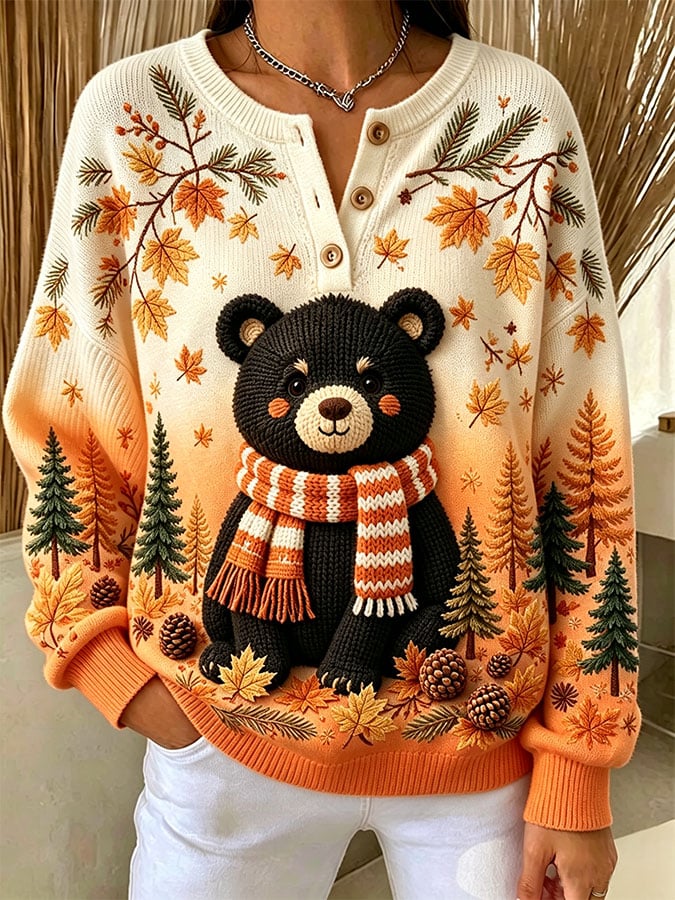 Women's Casual Print Button-Up Collar Knit Top