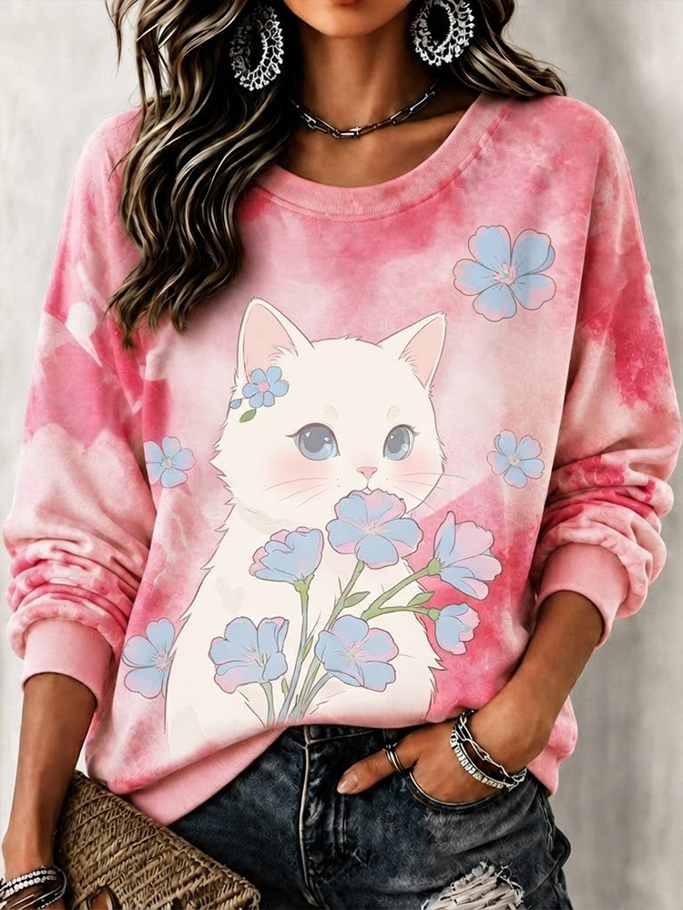 Women's Casual Tie-dye Crewneck Sweatshirt In Pink With White Kitten And Blue Floral Bouquet Print