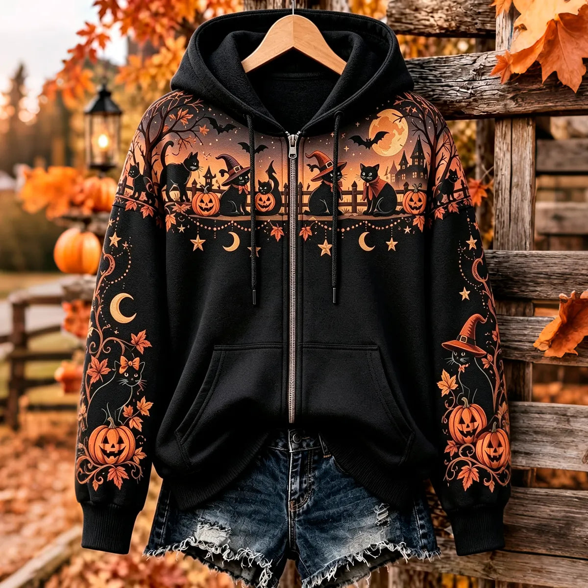 Women's Halloween Black Cat And Pumpkin Art Print Zipper Hoodie