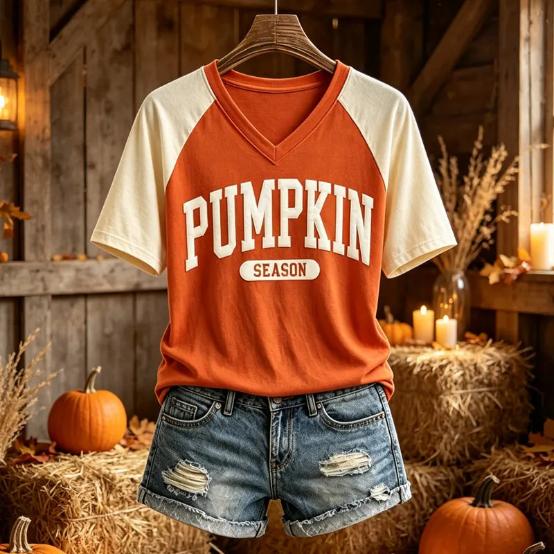 Women's Pumpkin Season Raglan Short Sleeve Top