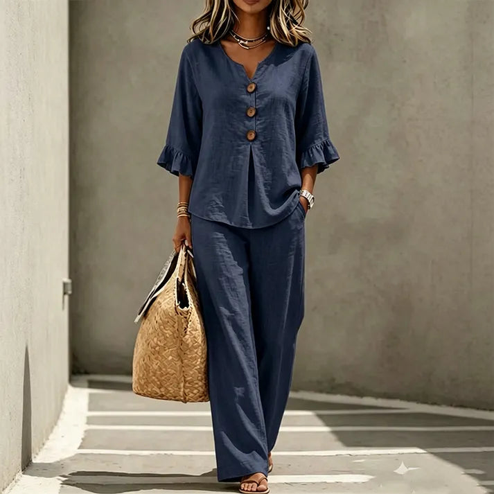 👚👖 Women's Set with Ruffled Top and Wide-Leg Trousers – Elegant & Comfortable ✨