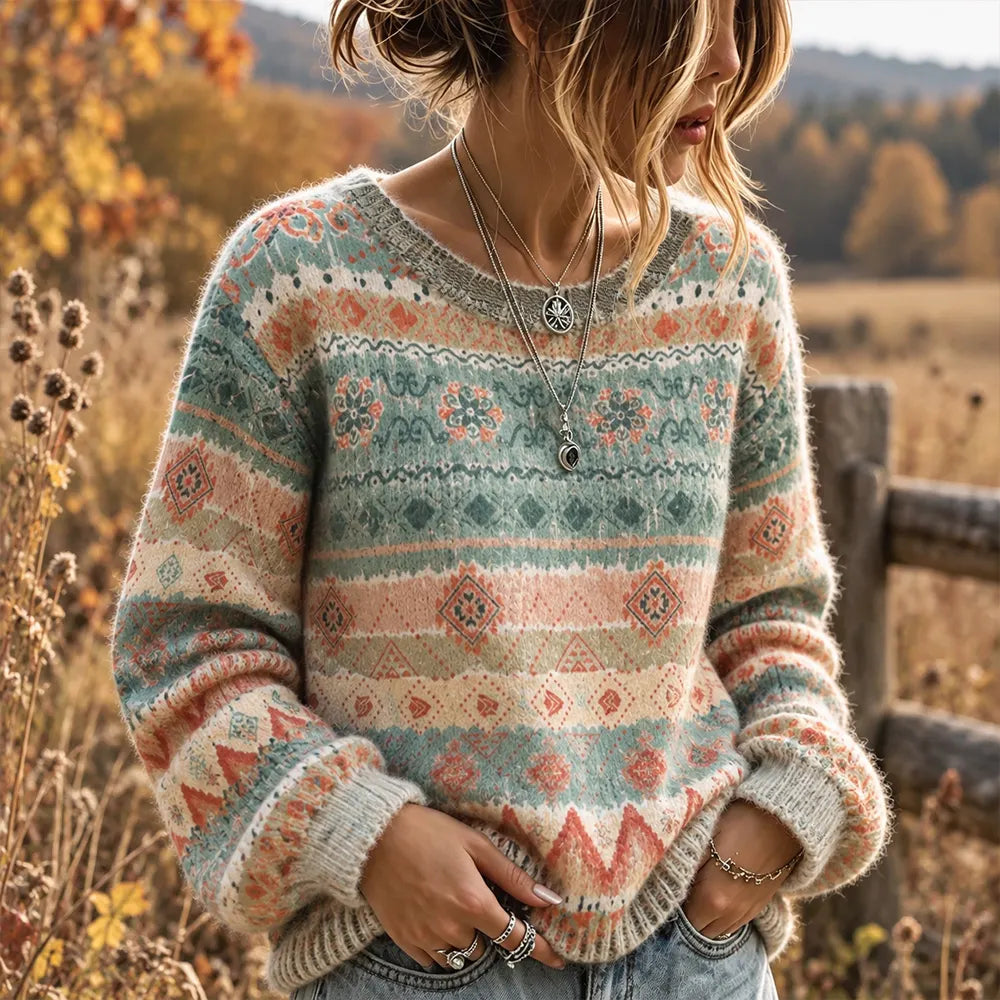 Women's Fair Isle Pattern Abstract Design Art Knit Warm Crew Neck Sweater