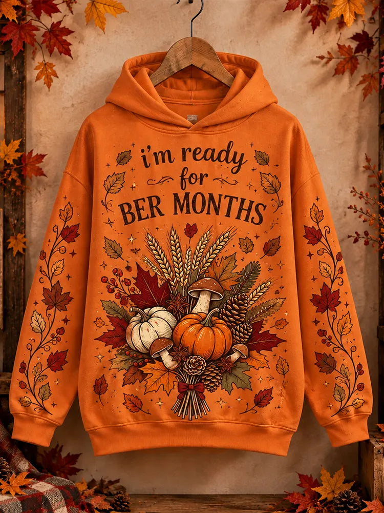 Women's  Autumn "ber Months" Orange Hoodie With Pumpkin, Mushroom & Maple Leaves Pattern