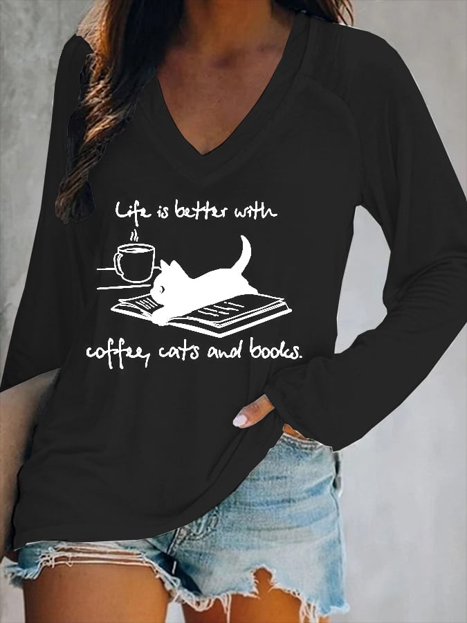 Coffee Cat And Book Print Women's Long-Sleeved V-Neck T-Shirt
