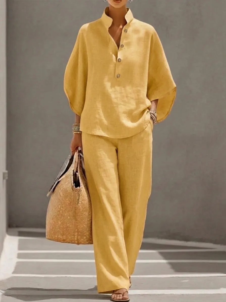 🔥 49% OFF🔥Women's Batwing Sleeve Linen Cotton Two-Piece Set – Casual Shirt & Wide Leg Pants Outfit - Khaki / S / Only 8 In Stock🚨Sale ends in 2 days⚡