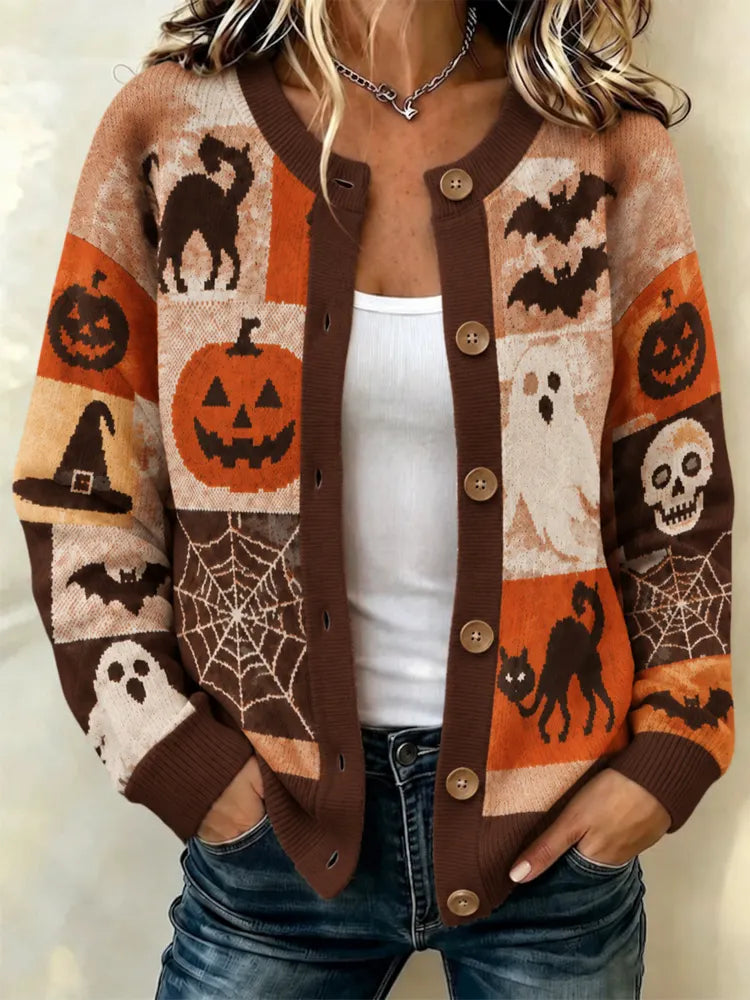 Women's Halloween-themed Patchwork Sweater Cardigan With Pumpkins And Ghosts
